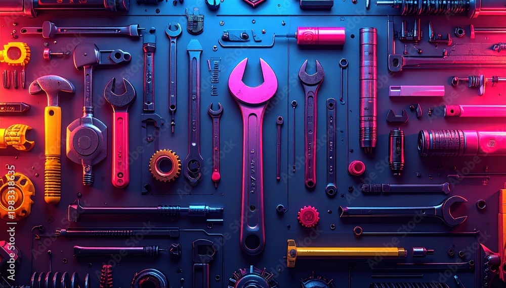 Fototapeta premium Assortment of metal tools, arranged on a dark surface, lit with neon