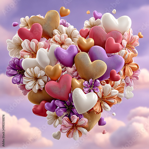 Floating pastel hearts in soft gradient background, with light beams
