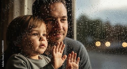 A tender moment father and child gaze out a rain streaked window