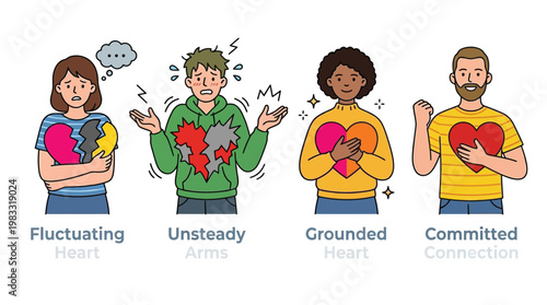 Four cartoon people illustrating various emotional states and heart conditions, including fluctuating, unsteady, grounded, and committed feelings.