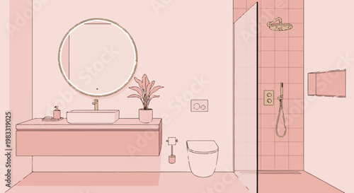 A minimalist pink bathroom with a floating vanity, vessel sink, round mirror, shower, and toilet