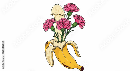 A peeled banana revealing a phallic shape adorned with pink carnations