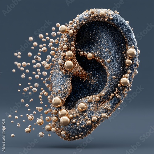 Abstract human ear made of gold and blue spheres for hearing concept