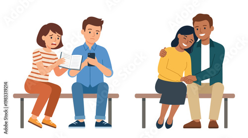 Two contrasting scenes depicting couples on benches, one showing a lack of attention and the other illustrating affection and connection.