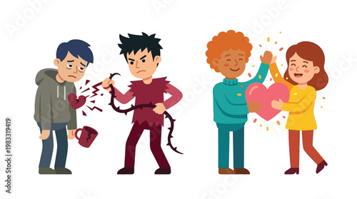 A stark contrast between bullying and kindness, showing a boy hurting another with a thorny whip versus two friends sharing a heart and high-five.