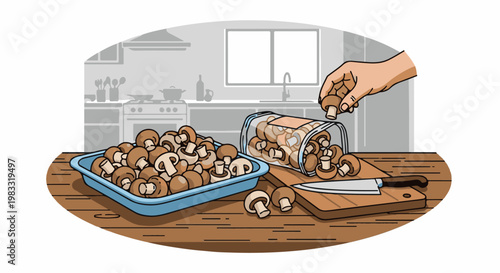 A hand prepares mushrooms in a kitchen setting on a wooden table