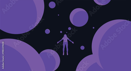 Person surrounded by floating purple bubbles in space