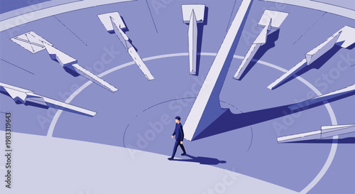 Businessman walking on clock face with multiple clock hands