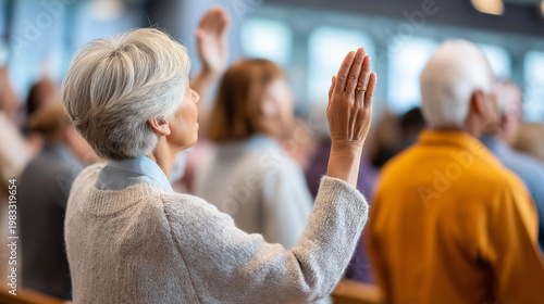 Community gathering for a solemn mid-morning church service, reverent atmosphere concept, congregational worship photography, defocused background, with copy space