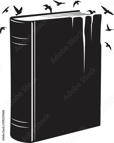 Conceptual Silhouette of Hardcover Book with Pages Transforming into Flying Birds Metaphor for Literary Freedom and Imagination Vector Illustration