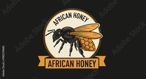 A stylized bee with honeycomb detail, framed in an oval and banner