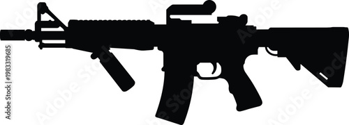 Black assault rifle isolated on white background with military precision and tactical gear