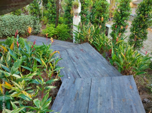 Cuadro en lienzo Wooden plank pathway surrounded by lush tropical plants and colorful heliconia flowers