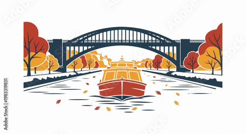 Stylized autumnal scene with a boat on a canal under a bridge