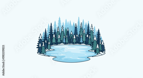 A winter scene with snow-dusted evergreen trees surrounding a frozen pond