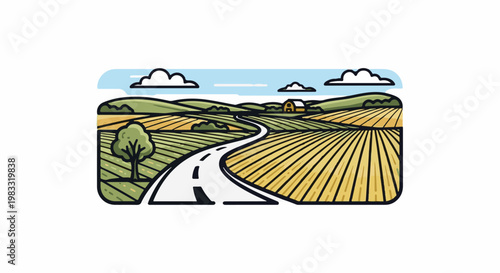 A winding road leads through golden fields to a distant barn