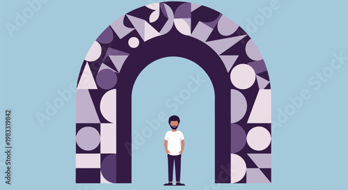 Man standing in front of colorful archway, contemplating entrance