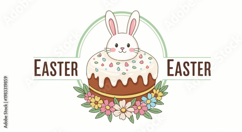Cute bunny on frosted cake with colorful sprinkles and flowers