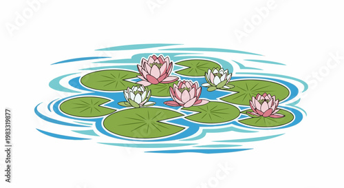 Stylized aquatic scene with blooming pink and white water lilies on green pads
