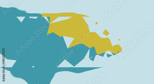 Abstract geometric pattern of yellow and blue shapes, representing a stylized map or geographical region in a modern graphic design