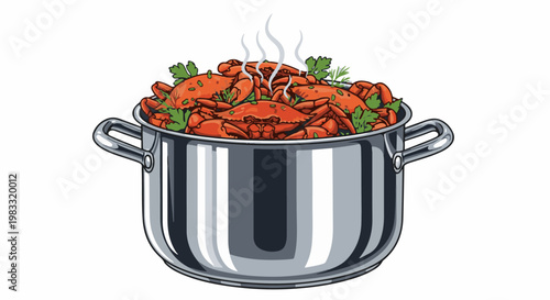 Steaming pot of cooked crabs with parsley garnish, white background