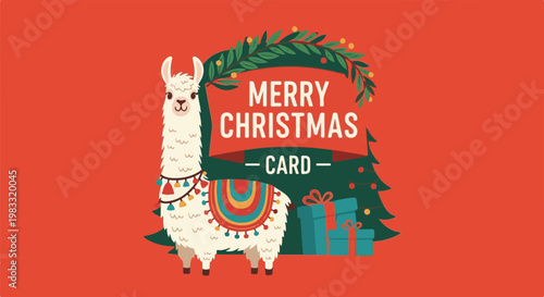 Cartoon llama and Christmas tree with gifts and text