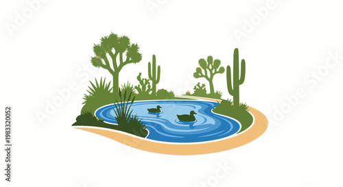 Desert oasis with pond and ducks