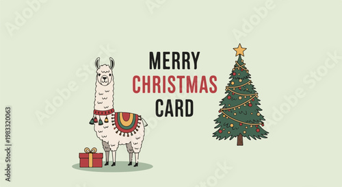 Cartoon llama and decorated Christmas tree with festive text
