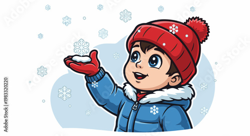 A smiling child in a blue coat and red hat catches snowflakes
