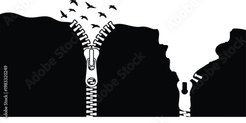 Surreal Silhouette of Zippers Opening Landscape with Flying Birds Metaphor for Freedom Revelation and Creative Discovery Vector Illustration