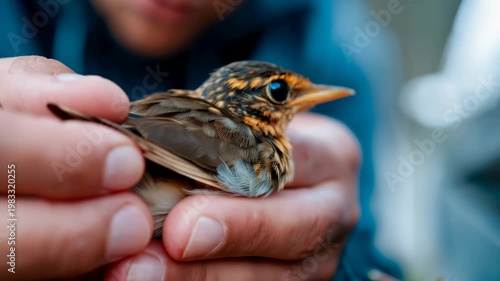 Tiny baby bird resting in a nest cradled gently by caring human hands