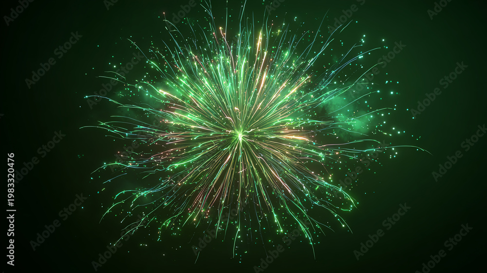 Fototapeta premium Vibrant green fireworks explosion lighting up the night sky, creating a festive atmosphere for celebrations.