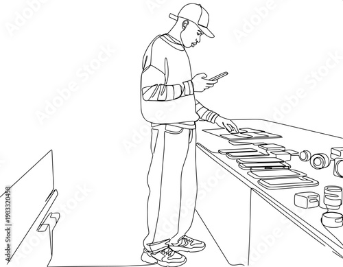 continuous line art of a young man using his smartphone while browsing electronic devices and cameras at a retail tech store.