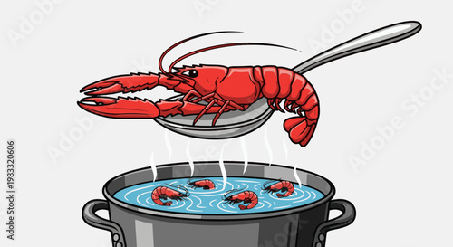 Red lobster on spoon above pot of shrimp cooking in blue water