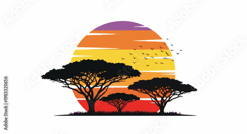 Silhouette of acacia trees against a colorful sunset with birds