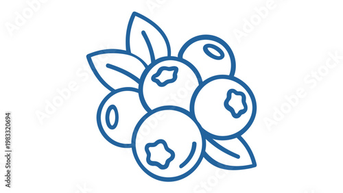 Minimalist blue line art vector illustration of a cluster of fresh blueberries with leaves, ideal for organic food branding, healthy lifestyle icons, and fruit packaging design. AI-generated.