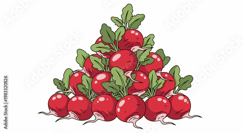 A vibrant pile of fresh radishes with green leaves, arranged in a pyramid shape