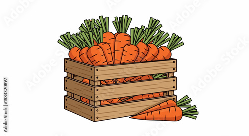 A wooden crate overflowing with vibrant orange carrots and green leafy tops