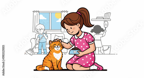 Girl feeds cat while kids clean room with brooms, duster