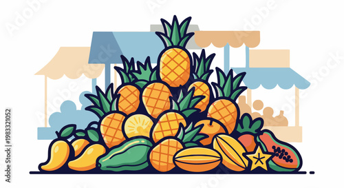 Abundant tropical fruits piled high at a vibrant outdoor market stalls