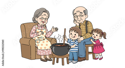 happy family cooking together at home with grandmother
