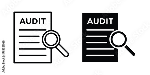 Audit icon outline style. Black solid silhouette style icons