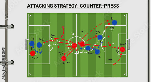 Vector illustration of a green grass soccer football field pitch showing game strategy and team tactic design patterns with a ball symbol
