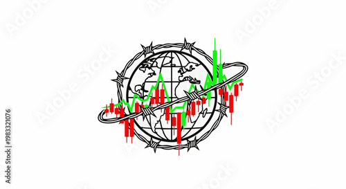 Globe entwined with barbed wire and stock market trading graph