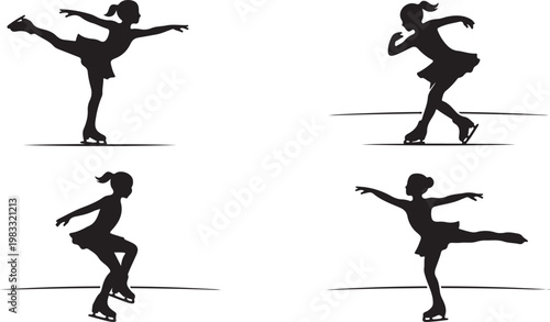 Silhouettes of figure skaters in various poses with figure skating ice skating performance elegance silhouette illustration isolated movement competition training