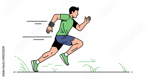 Man running in green shirt and blue shorts on grassy terrain
