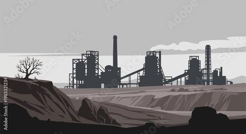 Pixelated, grayscale industrial complex silhouetted against a muted sky