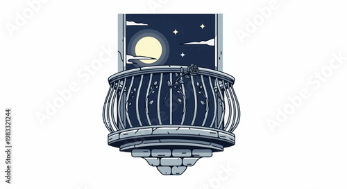 Pixelated balcony view of a moonlit night with a single rose