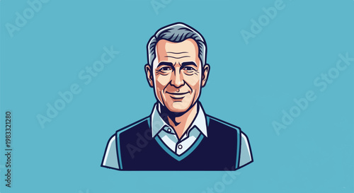 Cartoon portrait of smiling older man with grey hair and blue vest