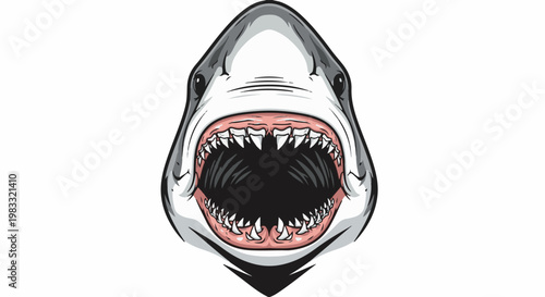 Illustration of a shark's head with its mouth wide open, showing rows of sharp teeth